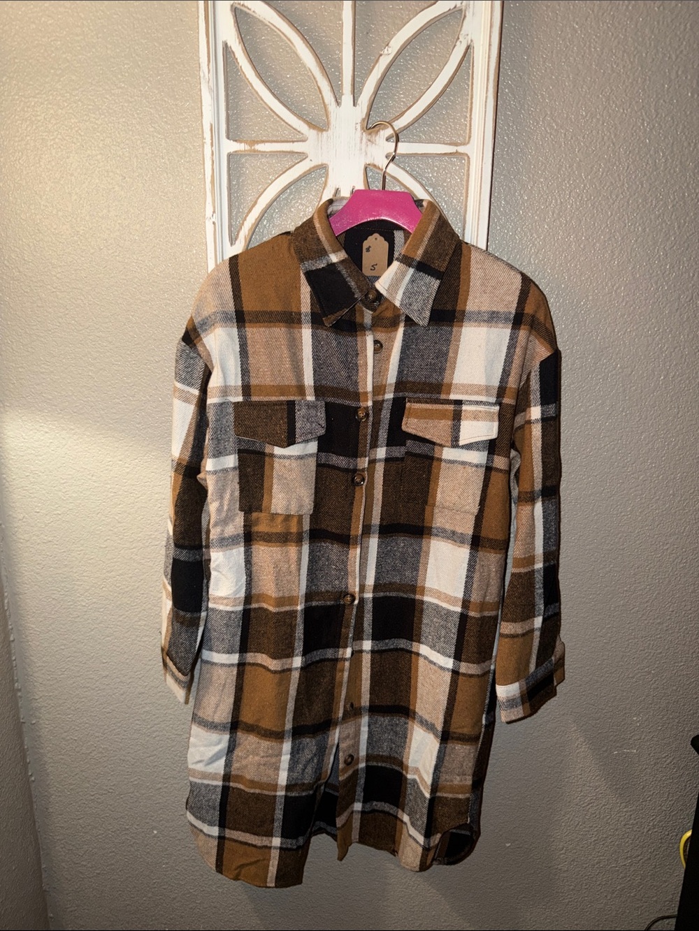 Plaid Button-Front Shacket in Brown and Cream
